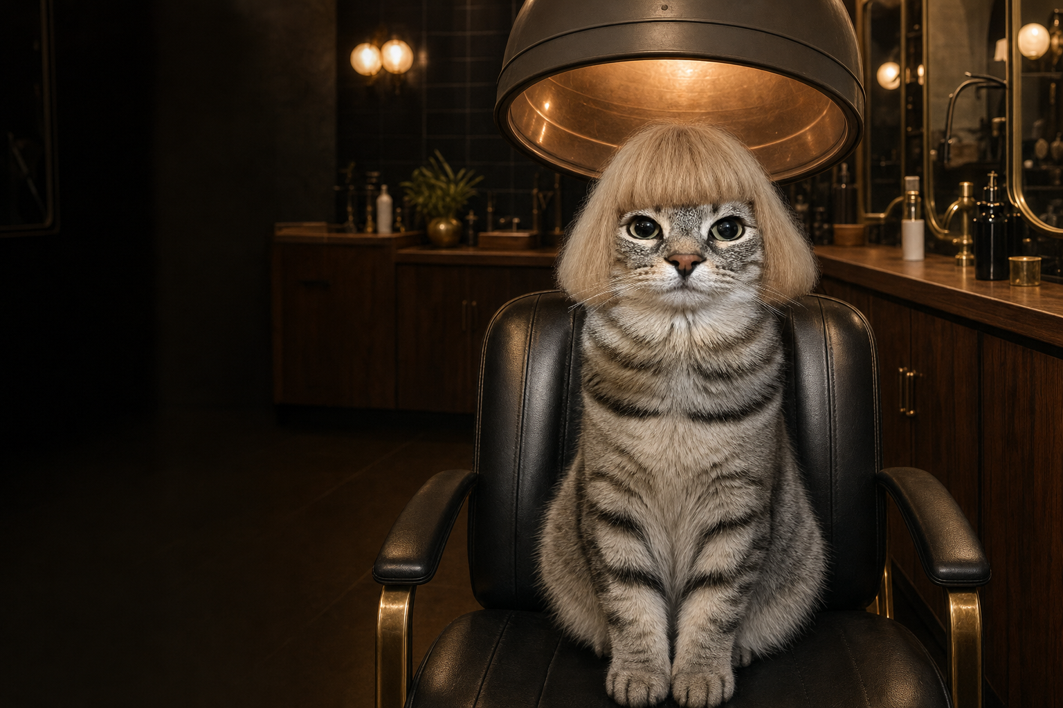 Jean's cat with a blunt blonde bob, seated upright in a leather salon chair beneath a copper hood dryer