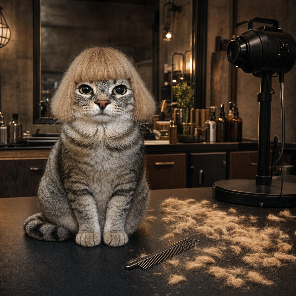 Jean's cat sitting on a grooming table beside a comb and a pile of clipped fur